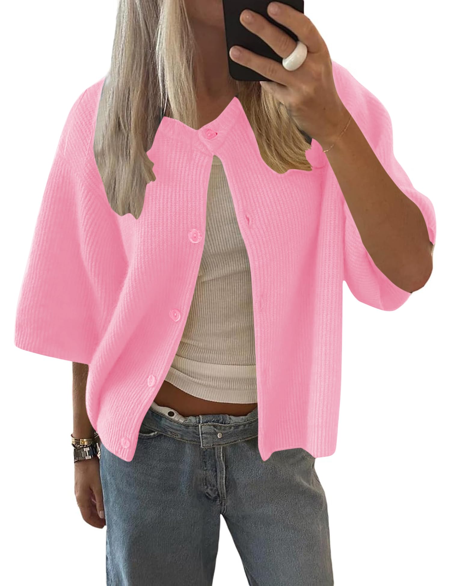 Lomon Womens Spring Summer Short Sleeve Cardigan Sweaters Trendy Crew Neck Button Down Lightweight Knit Outfit Y2k Clothes