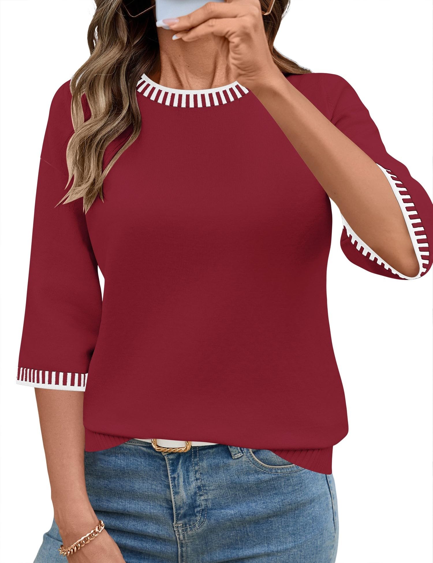 LOMON Womens Sweaters Casual Fall 2025 Crew Neck Striped 3/4 Sleeve Lightweight Knit Trendy Pullover Sweater Tops S-XL