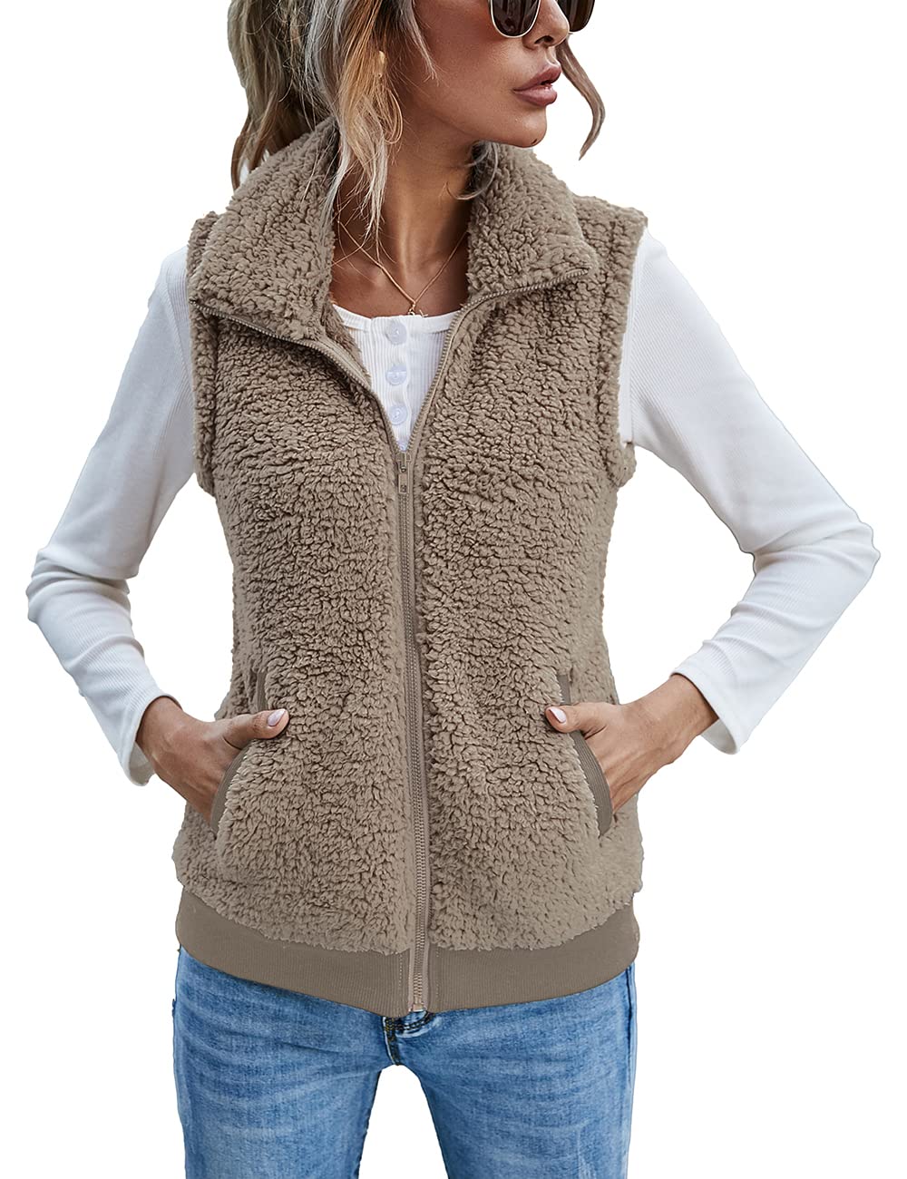 LOMON Womens Fuzzy Fleece Vest, Casual Warm Sleeveless Zip Up Sherpa Vest Jacket with Pockets for Fall/Winter