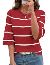LOMON Womens Sweaters Casual Fall 2025 Crew Neck Striped 3/4 Sleeve Lightweight Knit Trendy Pullover Sweater Tops S-XL