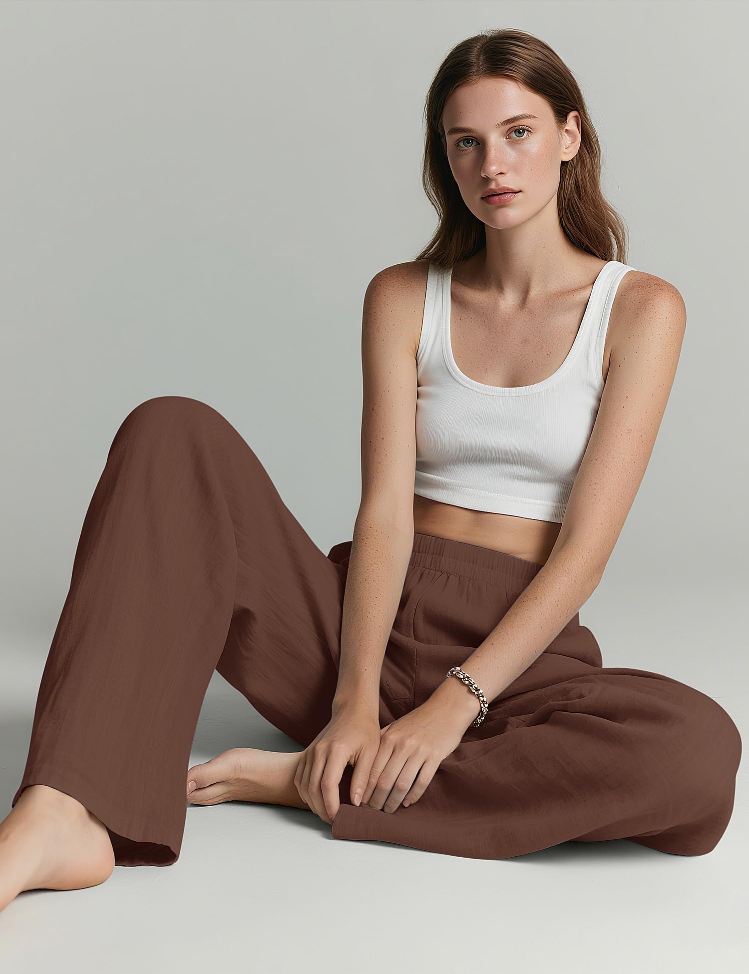 LOMON Linen Pants Women Wide Leg Palazzo Summer Flowy Pants Beach Vacation Clothes Elastic Waist Travel Trousers with Pockets