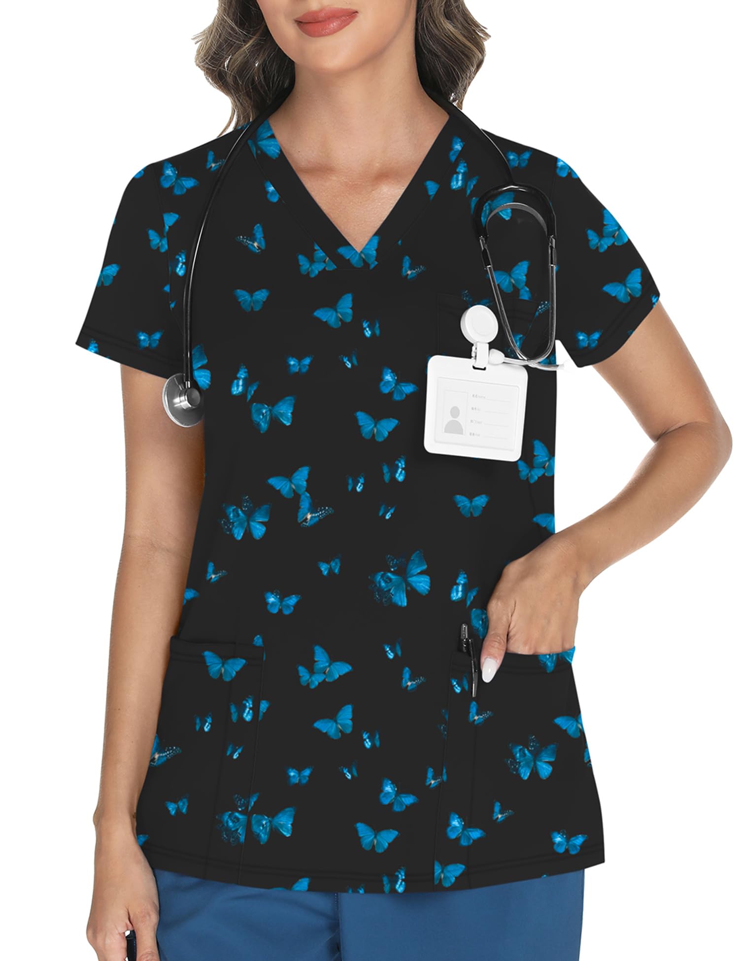 LOMON Women's V Neck Printed Scrub Top with 3 Pockets