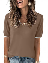 LOMON Womens 2026 Spring V Neck Sweater Casual Tops Short Sleeve Lightweight Ribbed Knit Pullover Sweaters