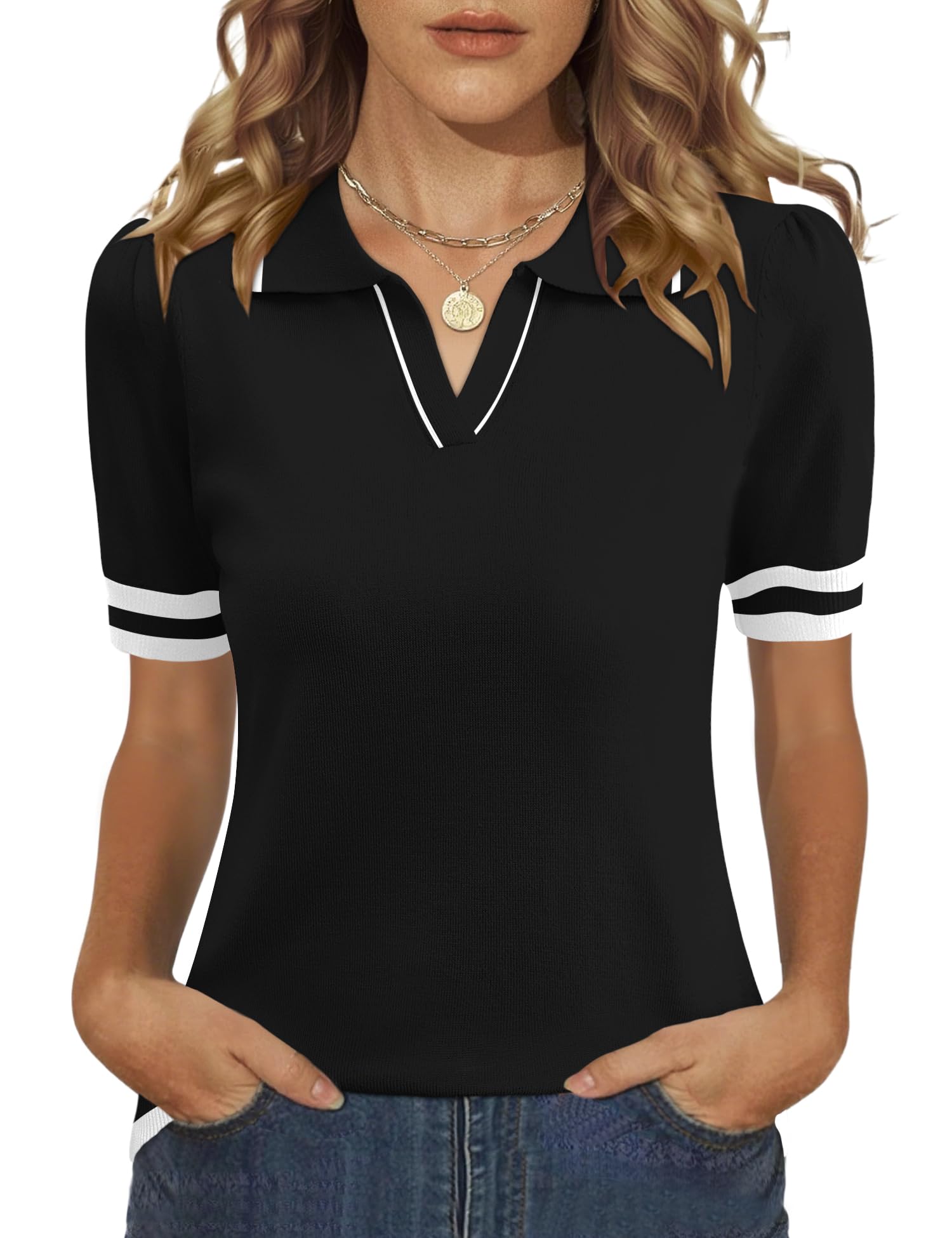 LOMON Womens Puff Short Sleeve Polo Sweater V Neck Knitted Tops Casual Ribbed Shirt Pullover Blouse