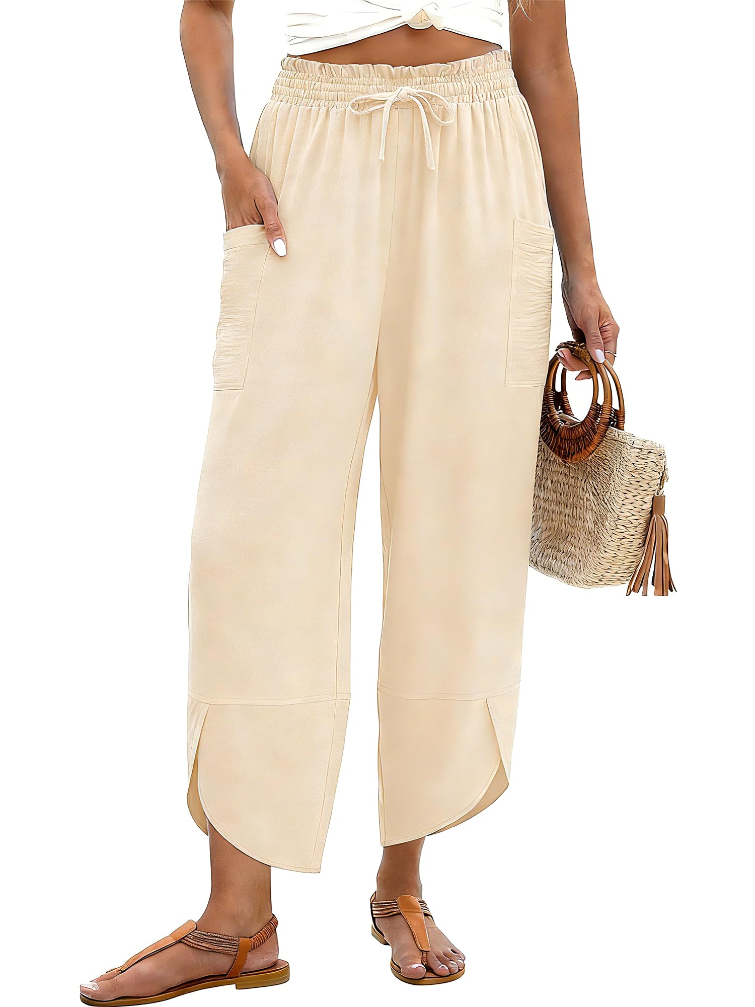 LOMON Women Linen Palazzo Pants Boho Wide Leg Elastic Waisted Casual Capri Pant Summer Harem Lounge with Pockets