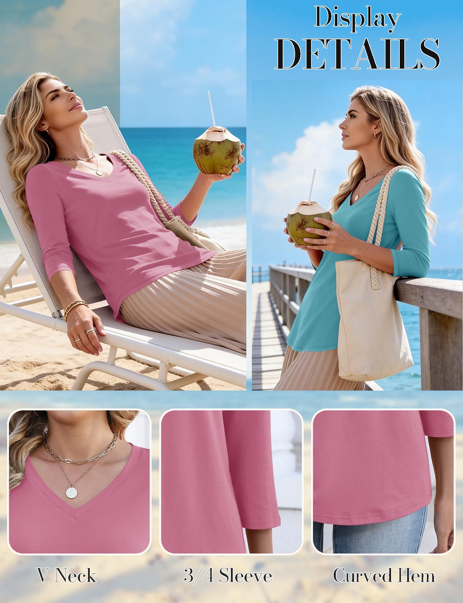 LOMON 3 Pack Tops for Women 3/4 Sleeve V Neck Basics Tees Business Casual Summer T Shirts