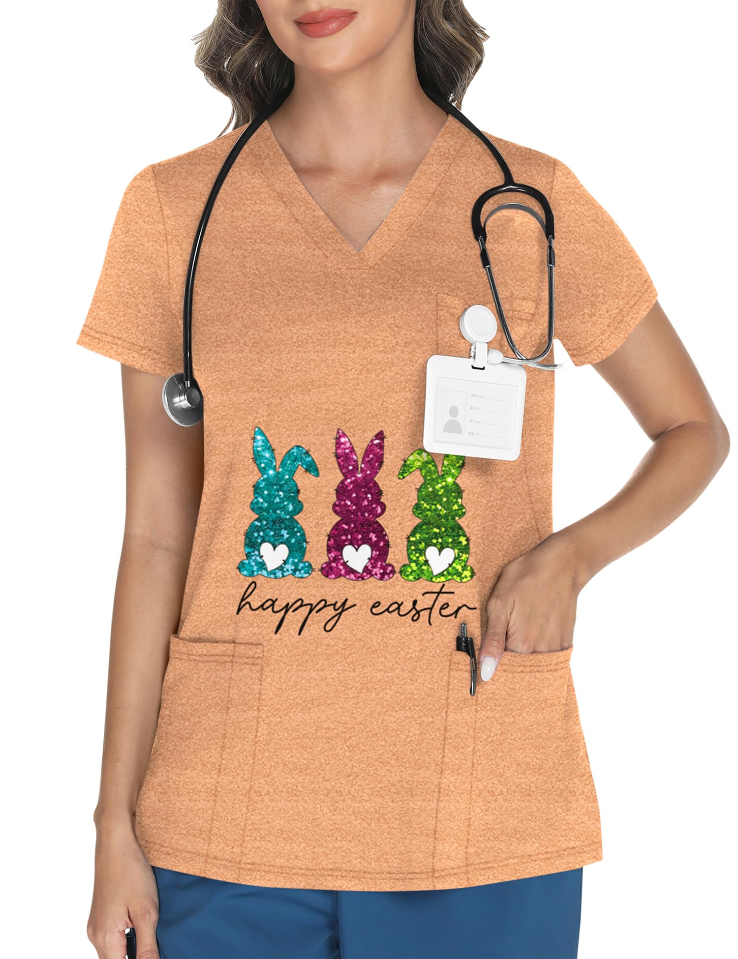 LOMON Women's V Neck Printed Scrub Top with 3 Pockets