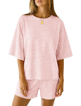 LOMON Two Piece Sets for Women Summer 3/4 Sleeve Tops and Elastic Waist Shorts Pajamas Cute Comfy Soft Lounge Striped Pjs