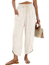 LOMON Women Linen Palazzo Pants Boho Wide Leg Elastic Waisted Casual Capri Pant Summer Harem Lounge with Pockets