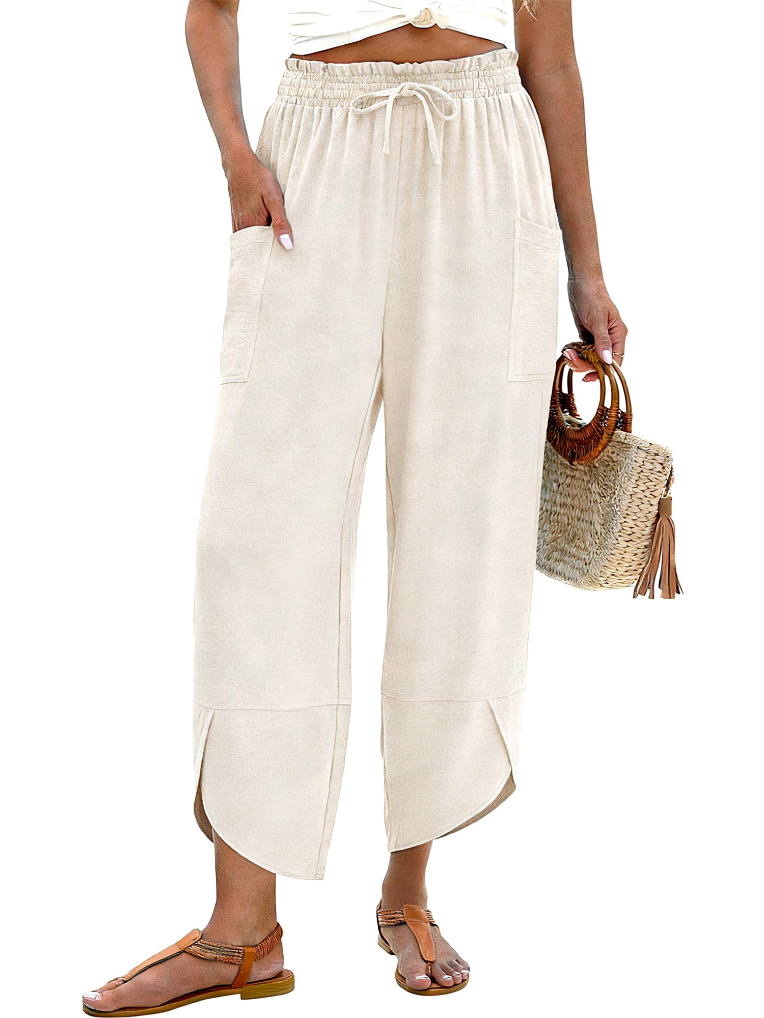 LOMON Women Linen Palazzo Pants Boho Wide Leg Elastic Waisted Casual Capri Pant Summer Harem Lounge with Pockets