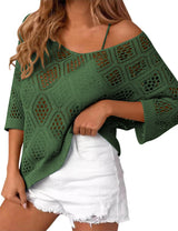 LOMON Womens 3/4 Sleeve Crochet Tops Off Shoulder Hollow Out Sweater V Neck Casual Loose Fit Beach Cover Up
