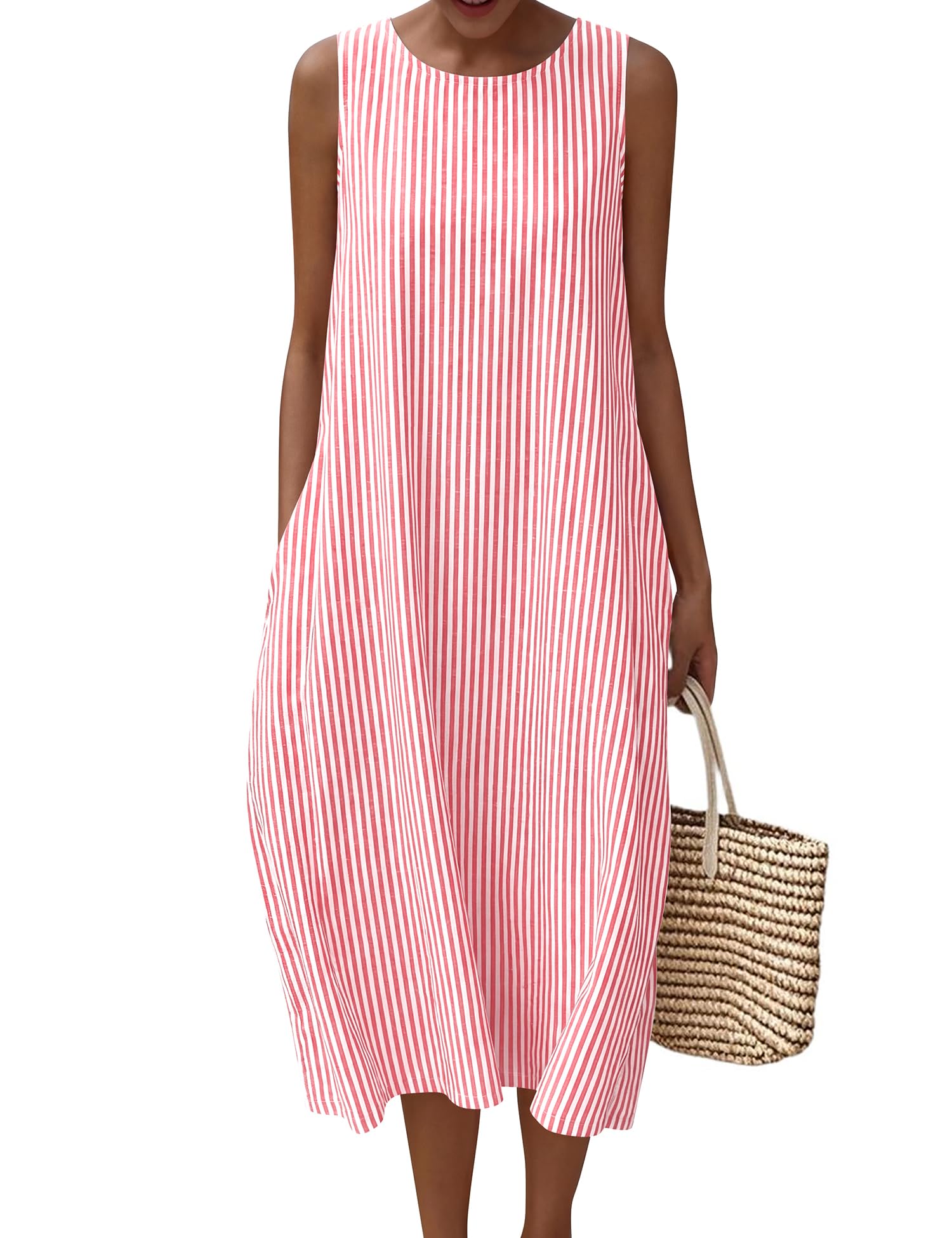LOMON Summer Dresses for Women Cotton Casual Maxi Dress Beach Vacation Long Sundresses Plaid Striped with Pockets
