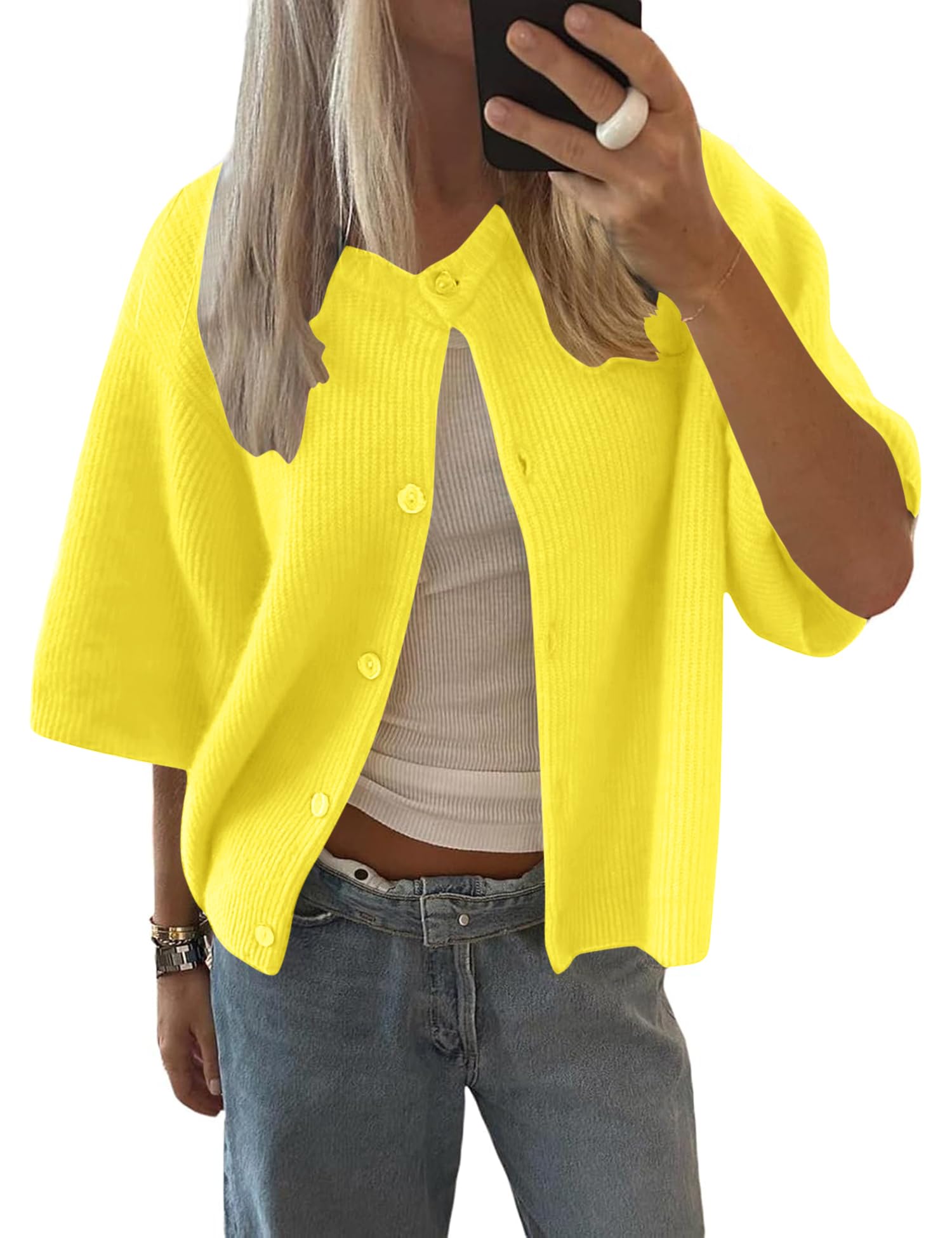 Lomon Womens Spring Summer Short Sleeve Cardigan Sweaters Trendy Crew Neck Button Down Lightweight Knit Outfit Y2k Clothes