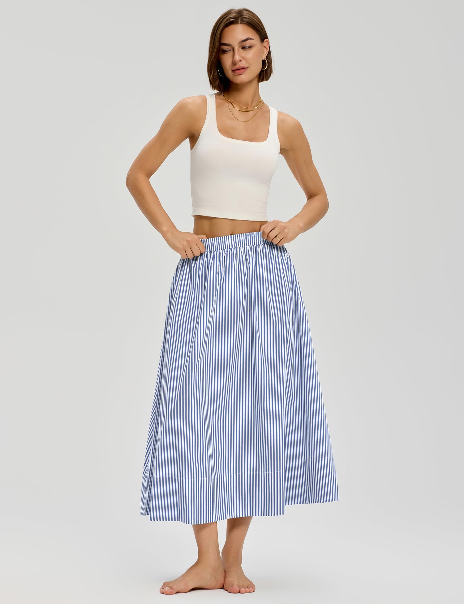 LOMON Midi Skirts for Women A-Line Cotton Flowy Maxi Skirt Boho Summer Beach Casual Elastic Waist Dress Outfit with Pockets