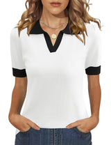 LOMON Womens Puff Short Sleeve Polo Sweater V Neck Knitted Tops Casual Ribbed Shirt Pullover Blouse