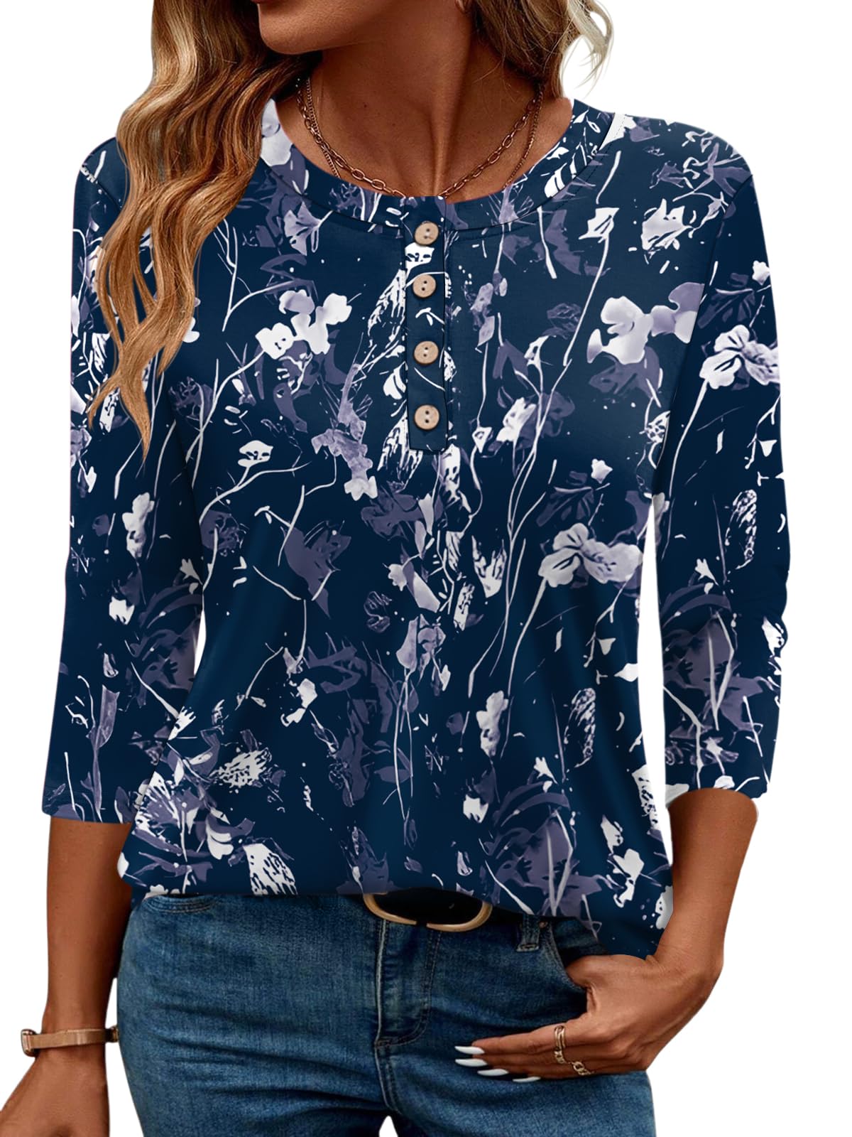 LOMON 3/4 Length Sleeve Womens Tops Dressy Casual Crewneck Pullover Tunics Summer Cute Blouses Fashion 2025 Tees Shirts
