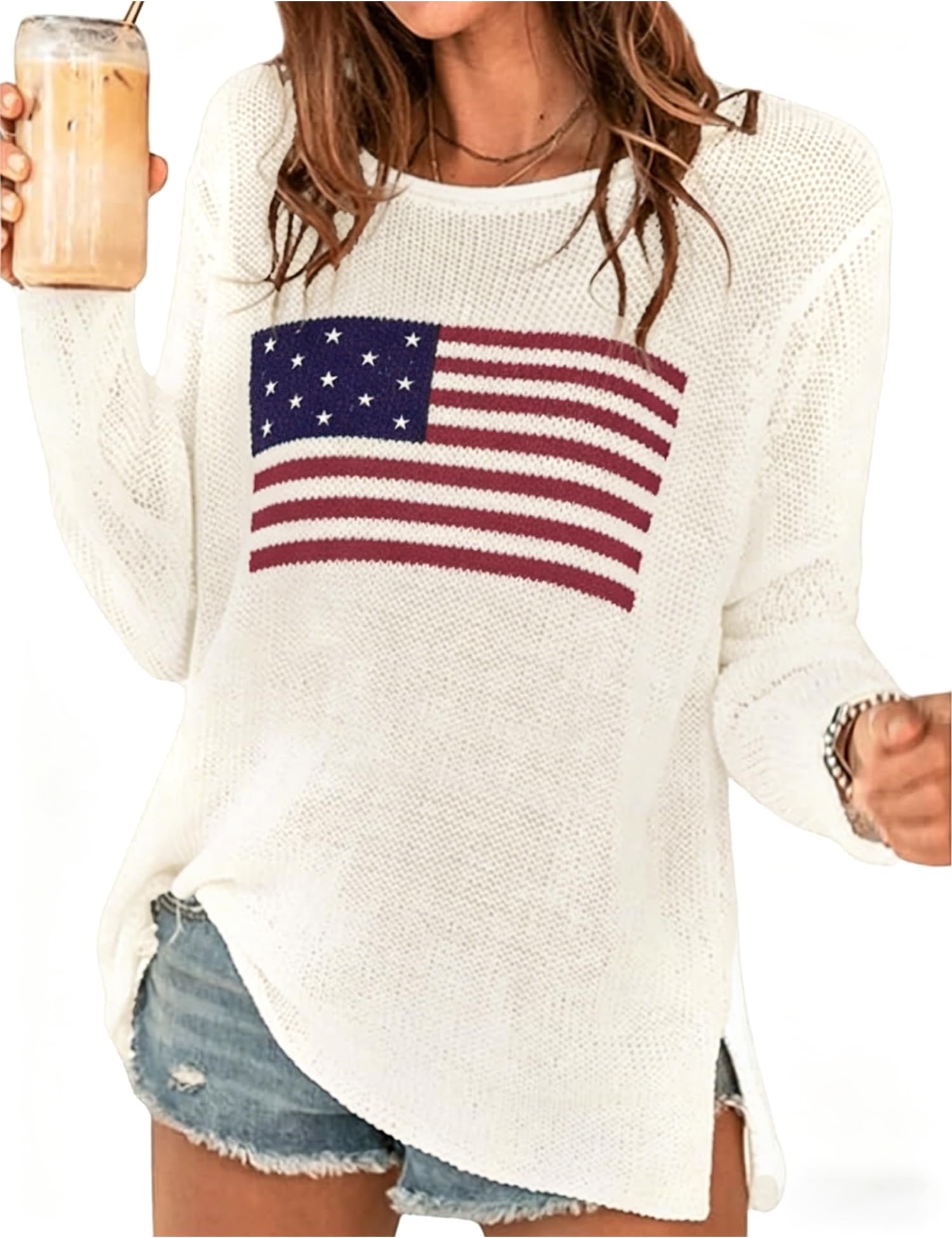 LOMON Beach Cover Up for Women Letter Print Long Sleeve Sweater Crochet Tops Shirts Casual Crewneck Split Hem Pullover