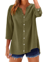 LOMON Womens 3/4 Sleeve Button Down Shirts Cotton Linen Roll Up Short Sleeve Tops V Neck Casual Loose Fit Blouses