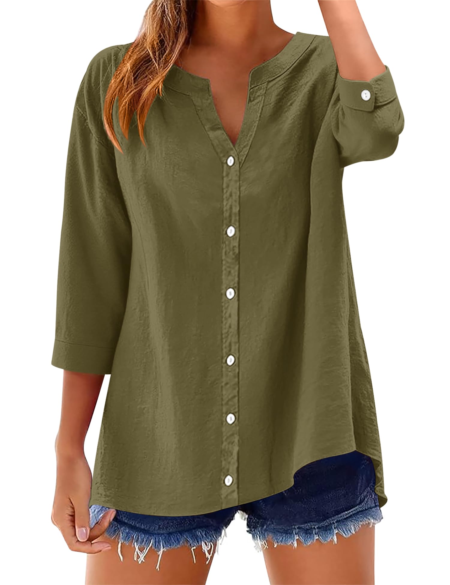 LOMON Womens 3/4 Sleeve Button Down Shirts Cotton Linen Roll Up Short Sleeve Tops V Neck Casual Loose Fit Blouses