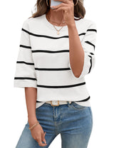 LOMON Womens Sweaters Casual Fall 2025 Crew Neck Striped 3/4 Sleeve Lightweight Knit Trendy Pullover Sweater Tops S-XL