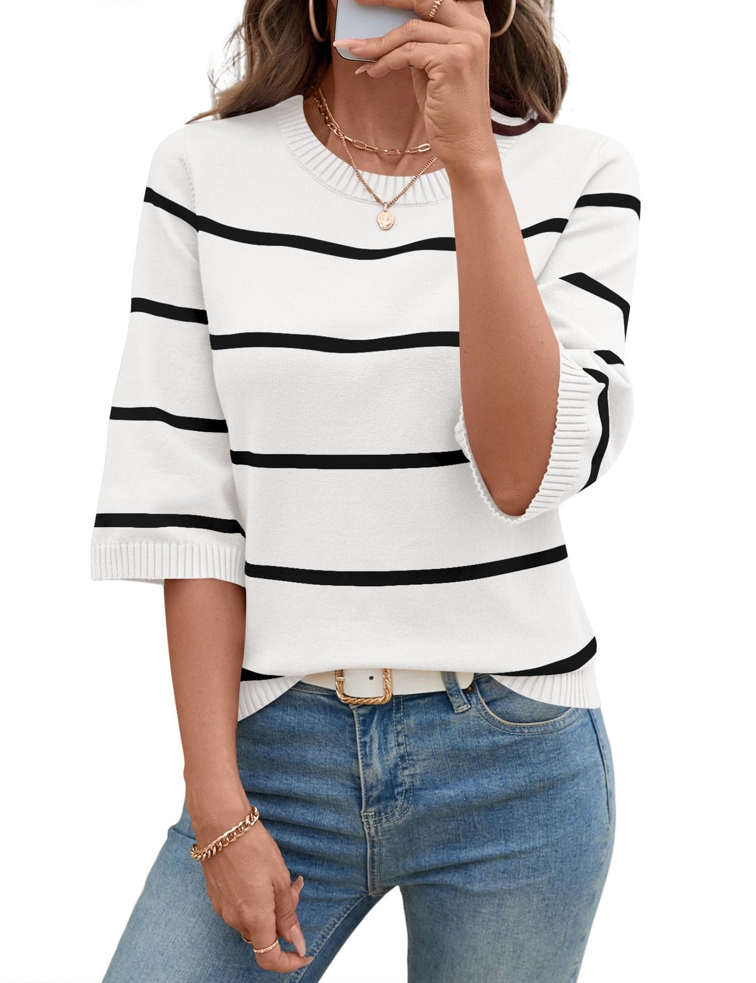 LOMON Womens Sweaters Casual Fall 2025 Crew Neck Striped 3/4 Sleeve Lightweight Knit Trendy Pullover Sweater Tops S-XL