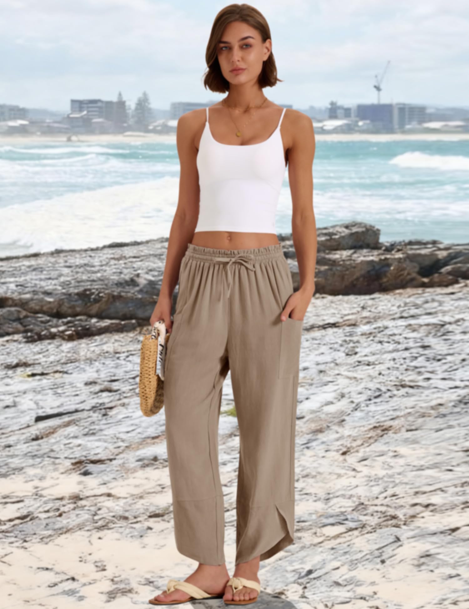 LOMON Women Linen Palazzo Pants Boho Wide Leg Elastic Waisted Casual Capri Pant Summer Harem Lounge with Pockets