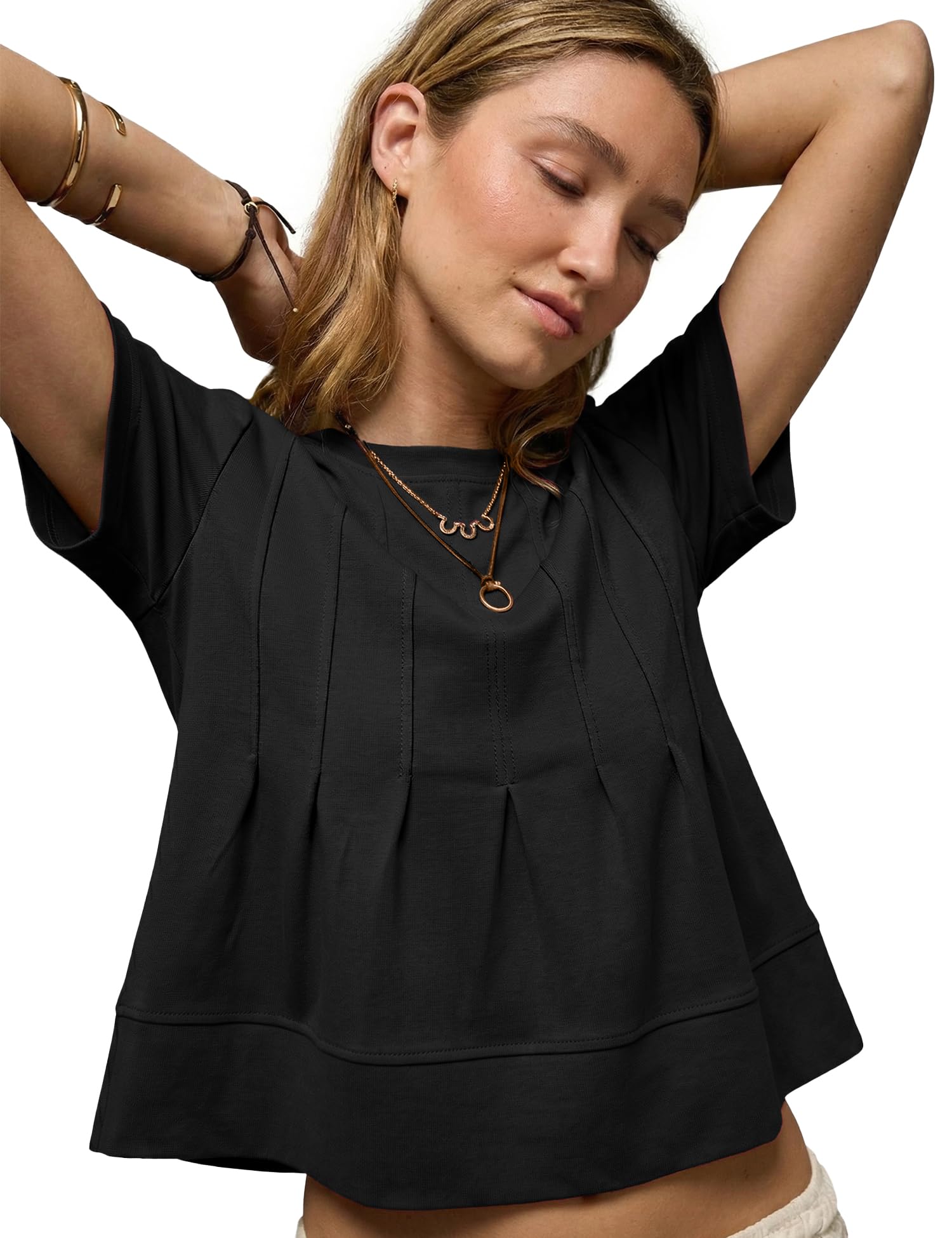 LOMON Spring Peplum Tops for Women Babydoll Pleated Short Sleeve Crop Swing Shirts Blouses Trendy Casual Clothing 2026