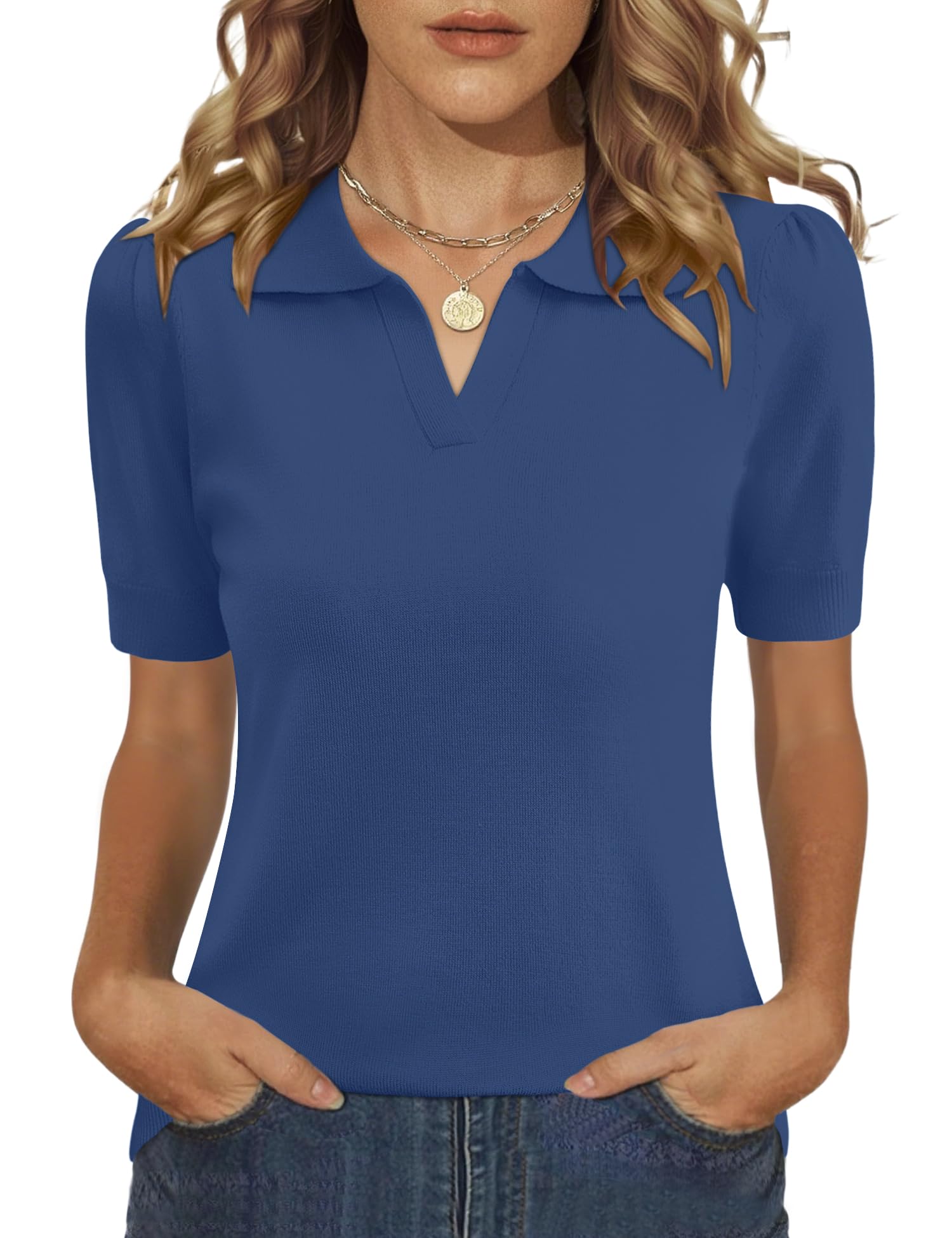 LOMON Womens Puff Short Sleeve Polo Sweater V Neck Knitted Tops Casual Ribbed Shirt Pullover Blouse