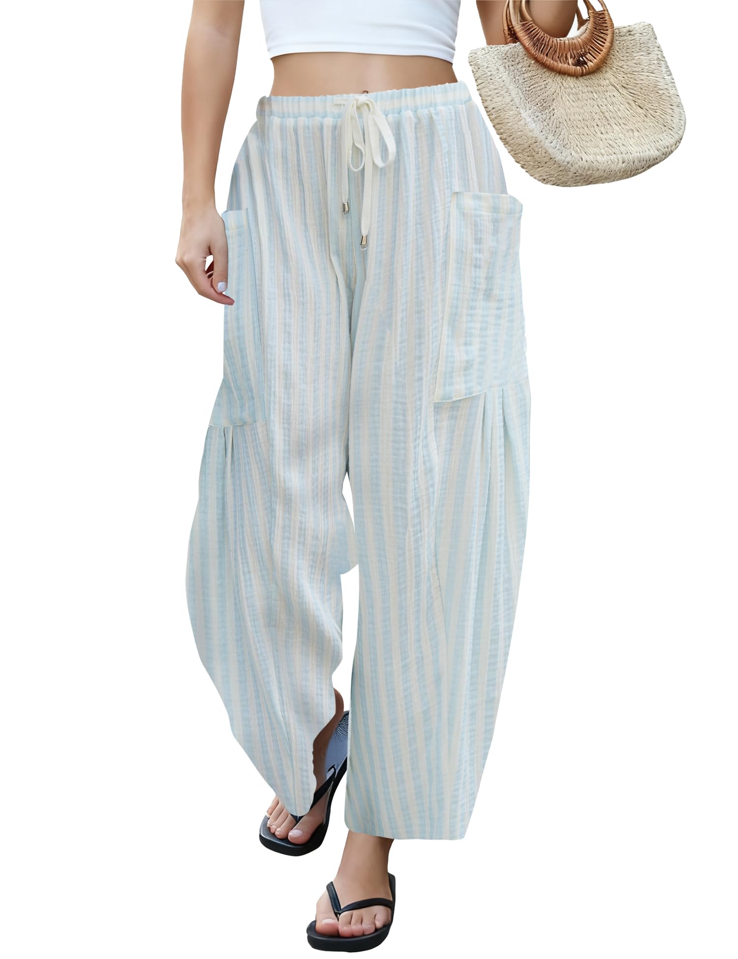 LOMON Womens Wide Leg Linen Pants Casual Drawstring Palazzo Harem Pants Summer Loose Beach Travel Vacation Pants with Pockets