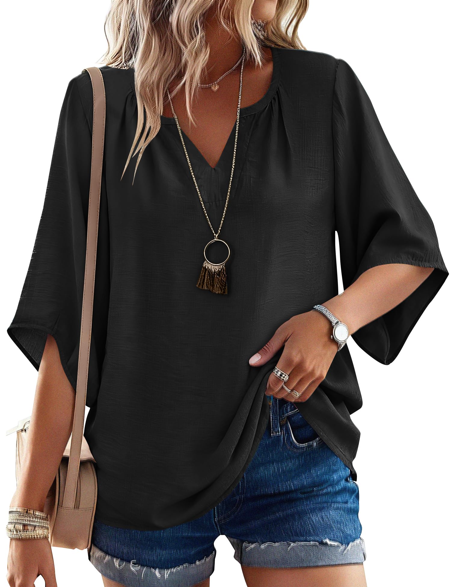 LOMON Women's 3/4 Length Sleeve Boho Tops V Neck Casual Vacation Clothes Loose Fit Tunic Shirts S-3XL