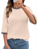 LOMON Womens Sweaters Casual Fall 2025 Crew Neck Striped 3/4 Sleeve Lightweight Knit Trendy Pullover Sweater Tops S-XL