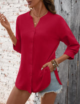 LOMON 3/4 Length Sleeve Womens Tops V Neck 3/4 Sleeve Sides Slit Button Down Shirts Cotton Linen Casual Loose Blouses
