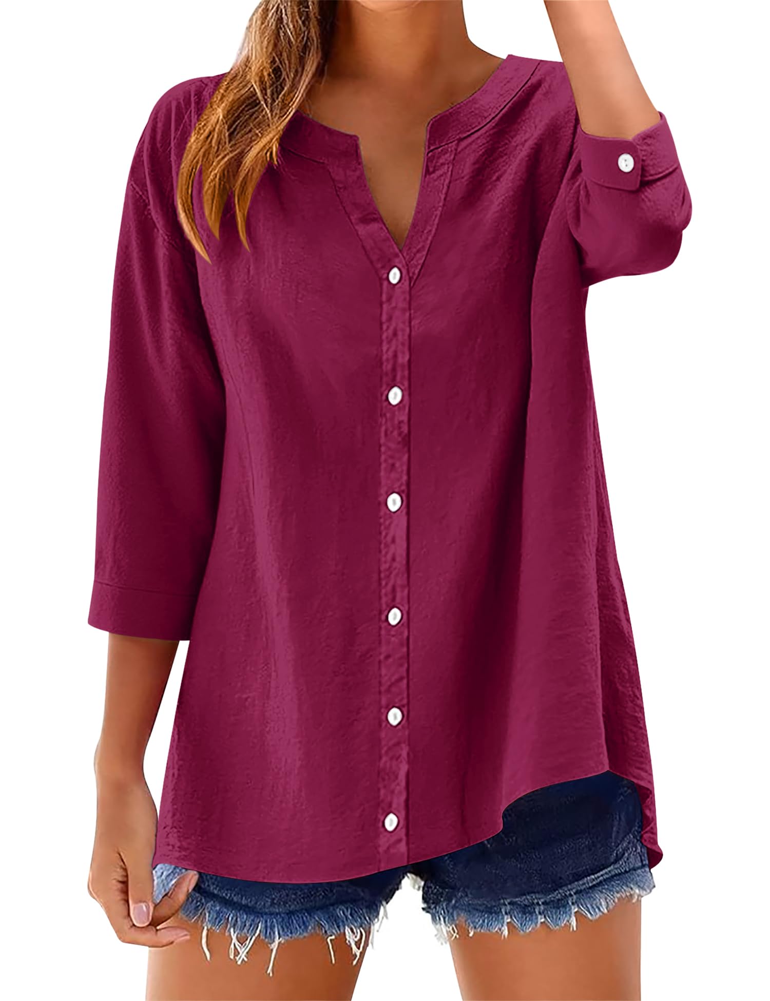 LOMON Womens 3/4 Sleeve Button Down Shirts Cotton Linen Roll Up Short Sleeve Tops V Neck Casual Loose Fit Blouses