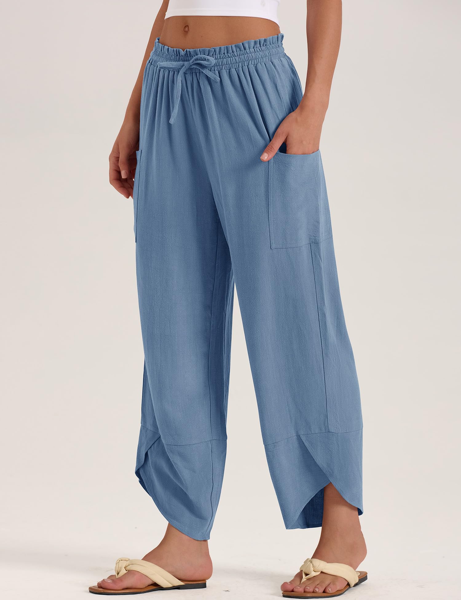 LOMON Women Linen Palazzo Pants Boho Wide Leg Elastic Waisted Casual Capri Pant Summer Harem Lounge with Pockets