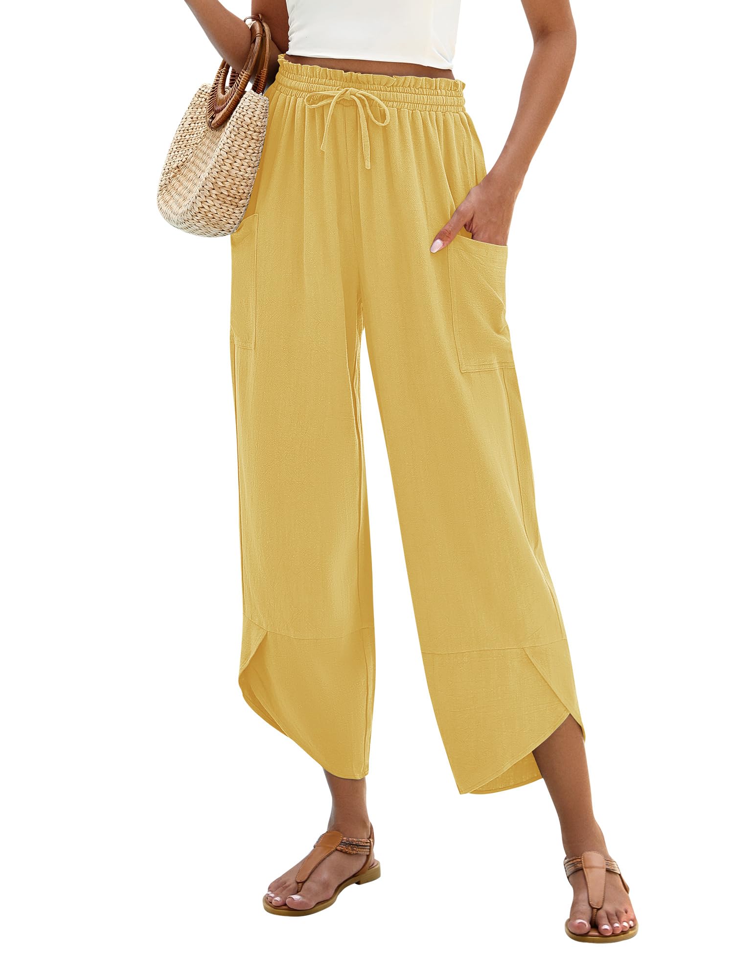 LOMON Women Linen Palazzo Pants Boho Wide Leg Elastic Waisted Casual Capri Pant Summer Harem Lounge with Pockets