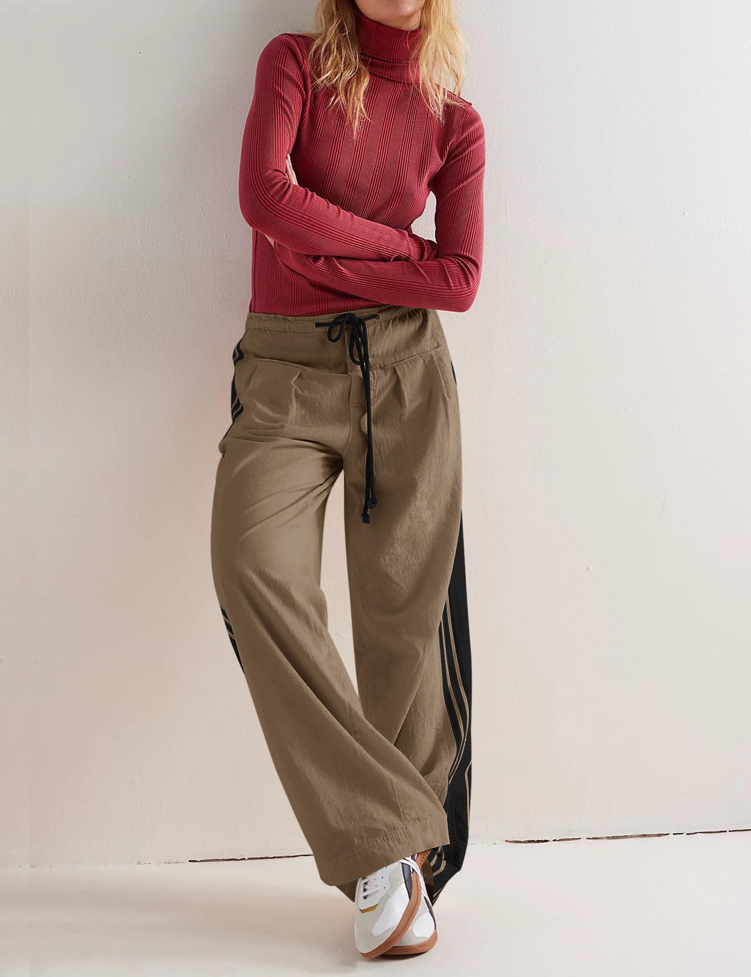 LOMON Pants for Women Wide Leg Side Striped Pants Drawstring Baggy Palazzo Work Trousers with Pockets