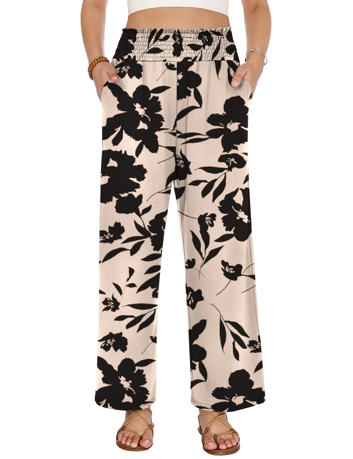 LOMON Womens Elastic High Waisted Palazzo Pants Casual Wide Leg Long Beach Vacation Trousers with Pockets
