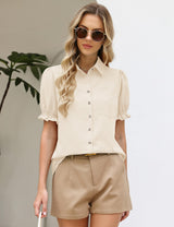 LOMON Linen Shirts for Women Puff Sleeve Button Down Summer Casual Cotton Linen Blouses Collared Work Tops Dressy