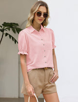 LOMON Linen Shirts for Women Puff Sleeve Button Down Summer Casual Cotton Linen Blouses Collared Work Tops Dressy