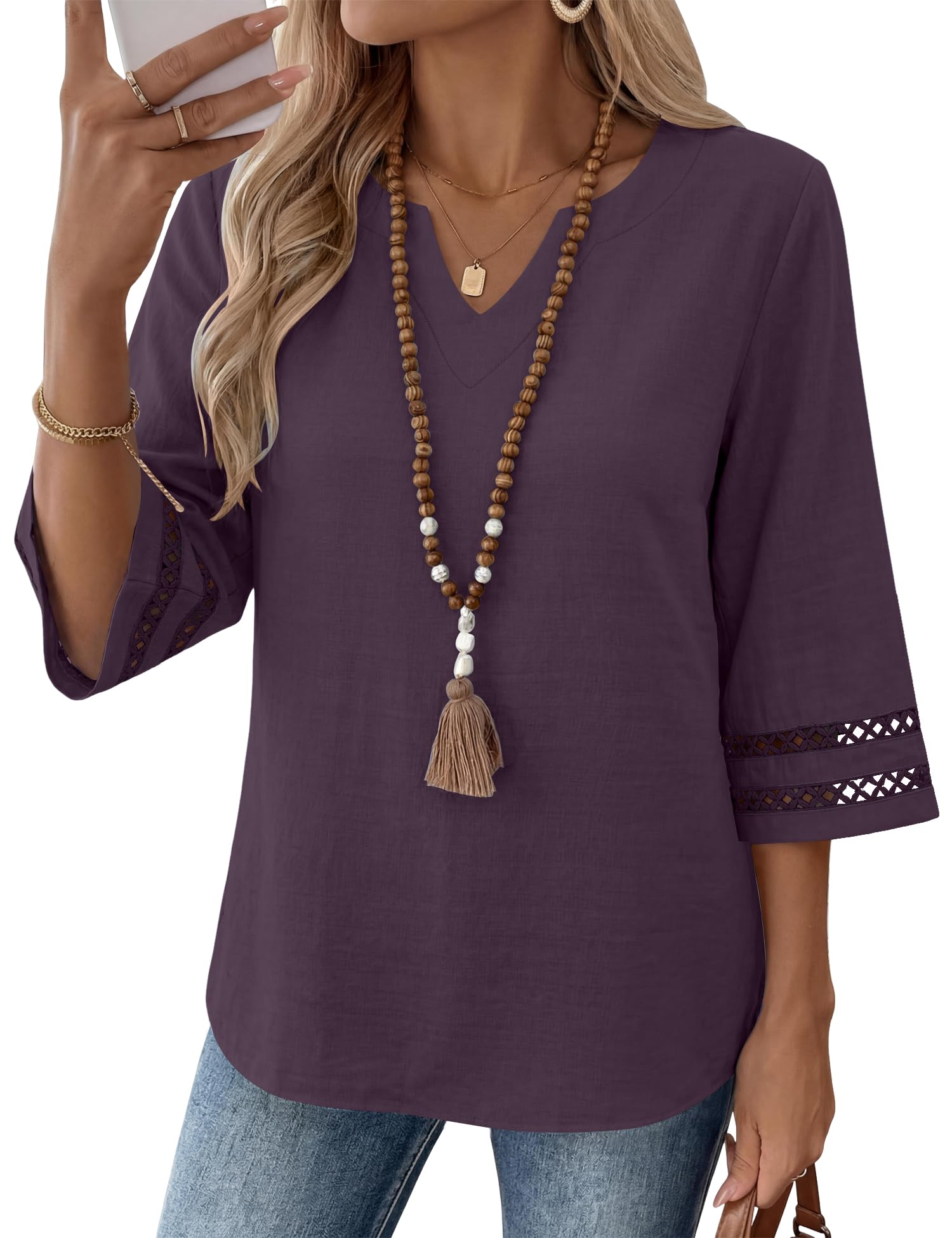 LOMON Womens 3/4 Sleeve V Neck Bohemian Blouses Casual Loose Fit Tunic Tops Vacation Clothes