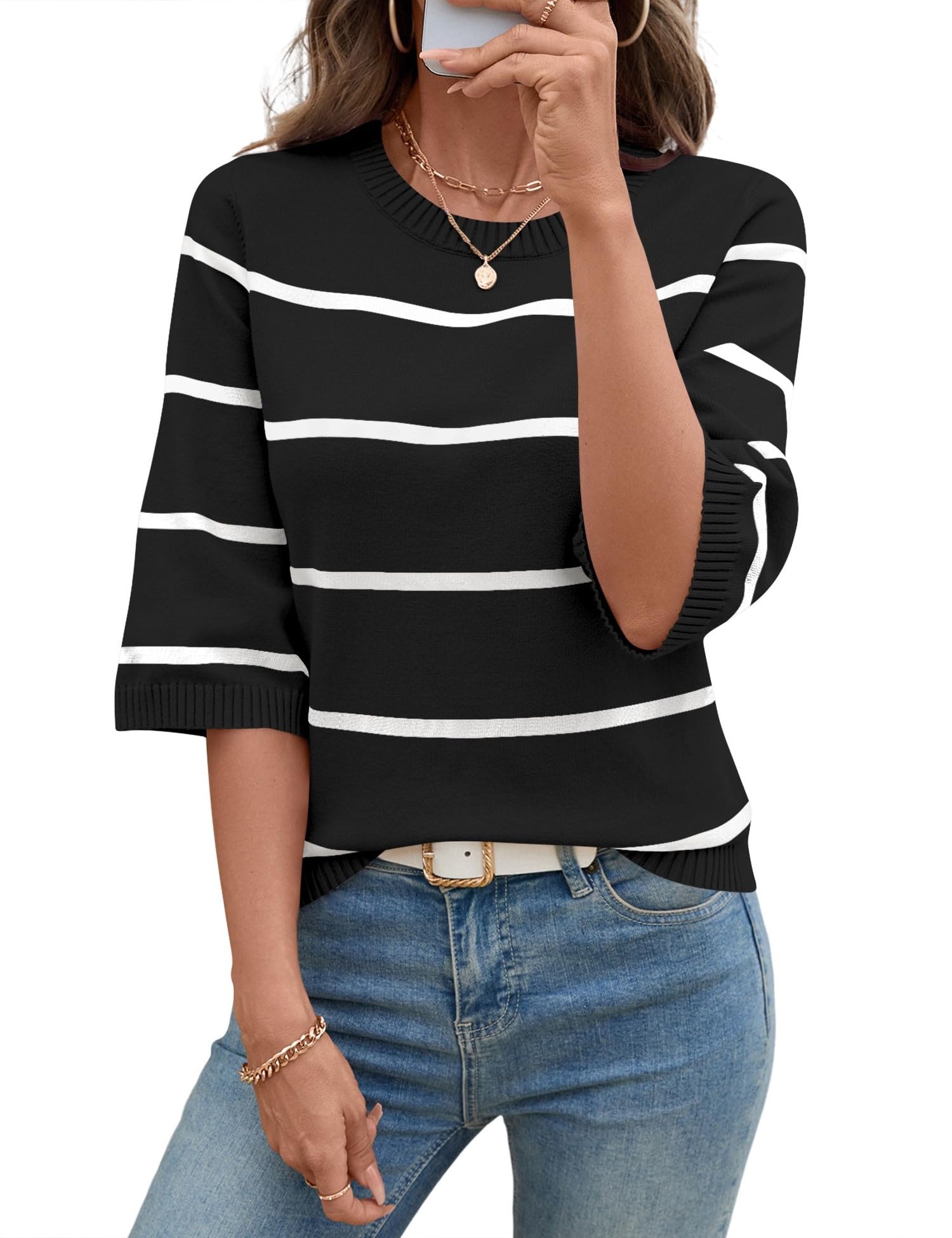 LOMON Womens Sweaters Casual Fall 2025 Crew Neck Striped 3/4 Sleeve Lightweight Knit Trendy Pullover Sweater Tops S-XL