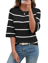 LOMON Womens Sweaters Casual Fall 2025 Crew Neck Striped 3/4 Sleeve Lightweight Knit Trendy Pullover Sweater Tops S-XL