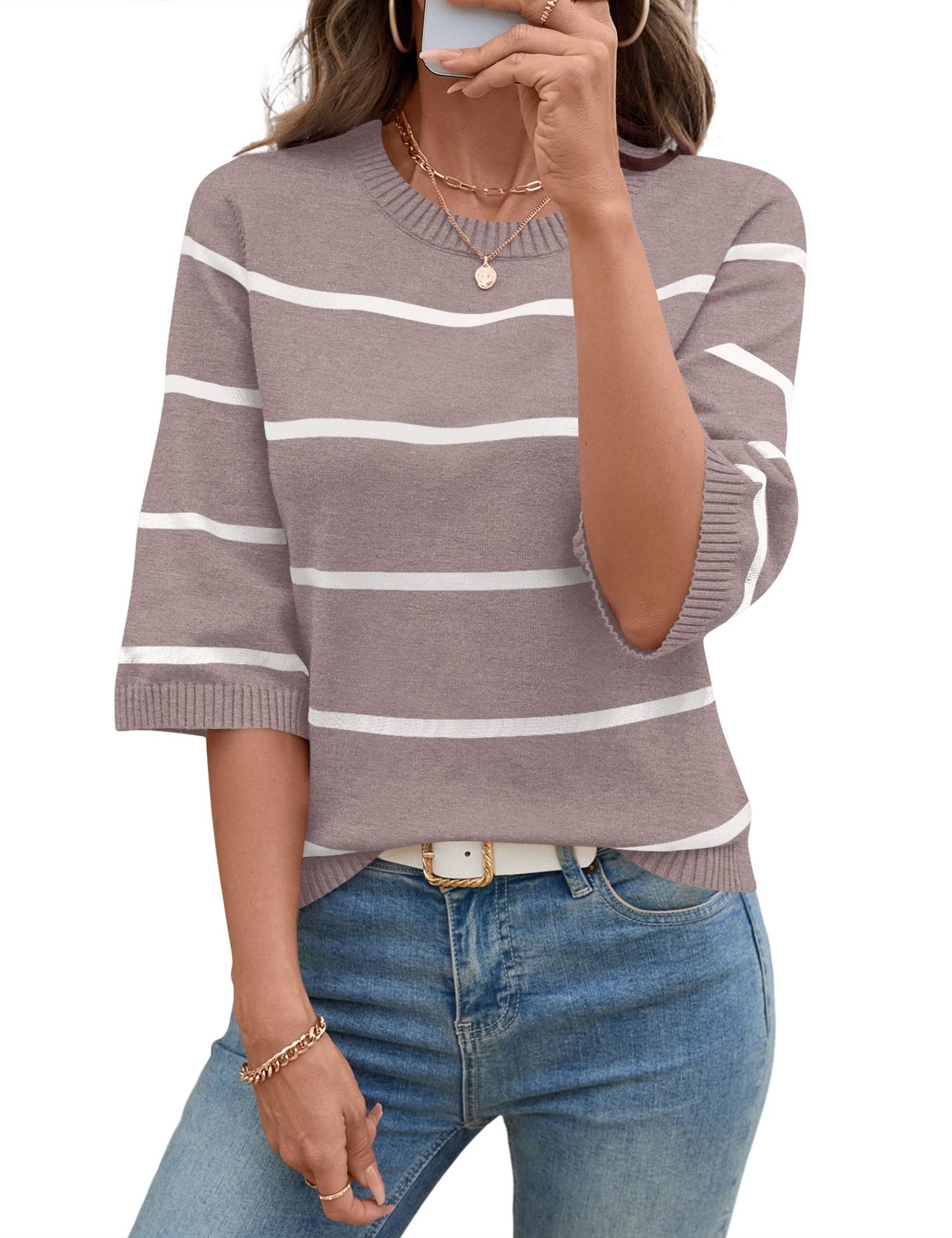 LOMON Womens Sweaters Casual Fall 2025 Crew Neck Striped 3/4 Sleeve Lightweight Knit Trendy Pullover Sweater Tops S-XL