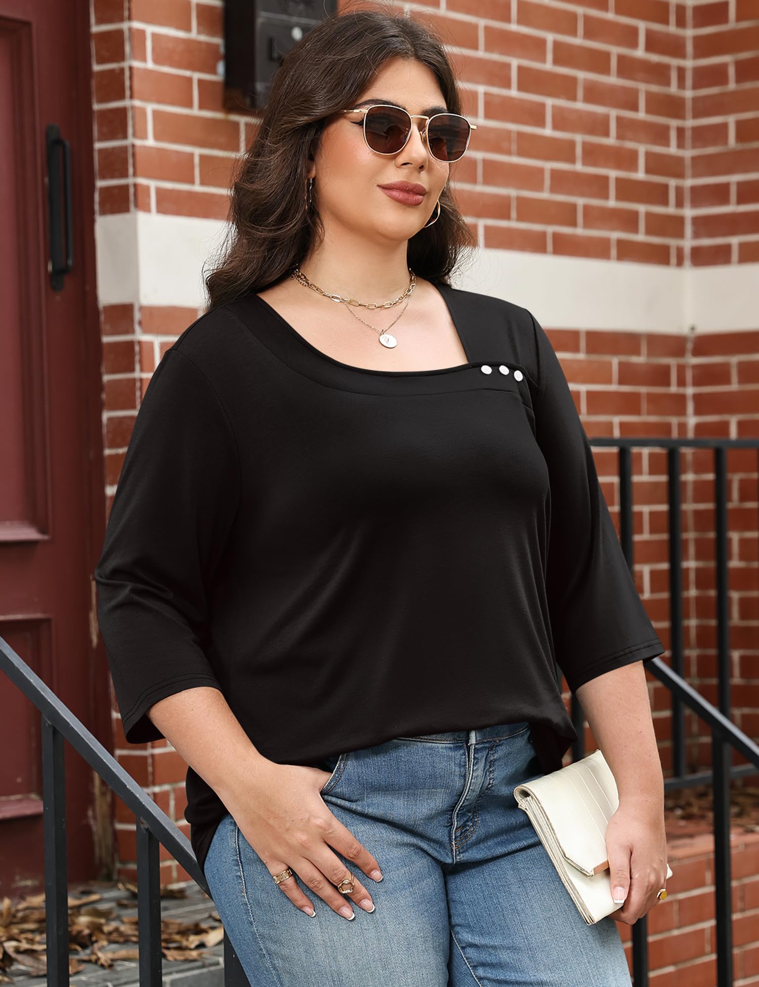 LOMON Womens Plus Size Tops 3/4 Length Sleeve T Shirts Asymmetrical Neck Blouses for Women Fashion 2026