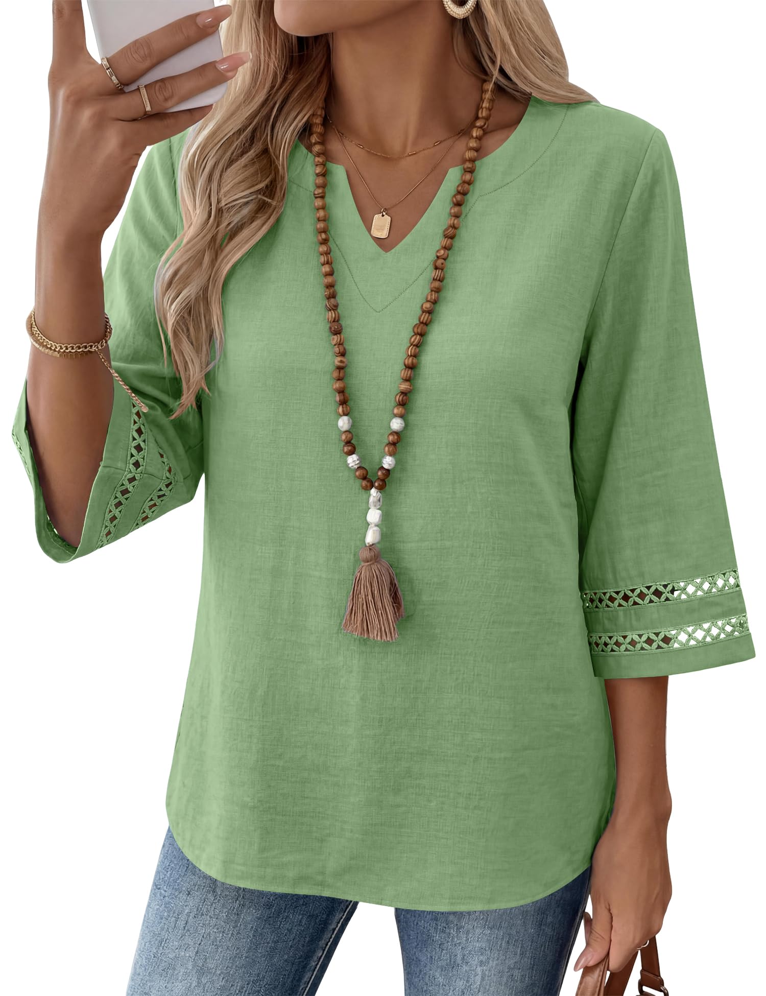 LOMON Womens 3/4 Sleeve V Neck Bohemian Blouses Casual Loose Fit Tunic Tops Vacation Clothes