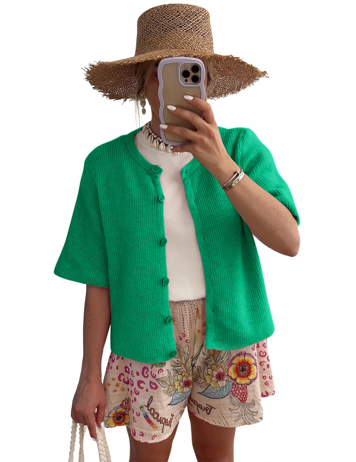 Lomon Womens Spring Summer Short Sleeve Cardigan Sweaters Trendy Crew Neck Button Down Lightweight Knit Outfit Y2k Clothes