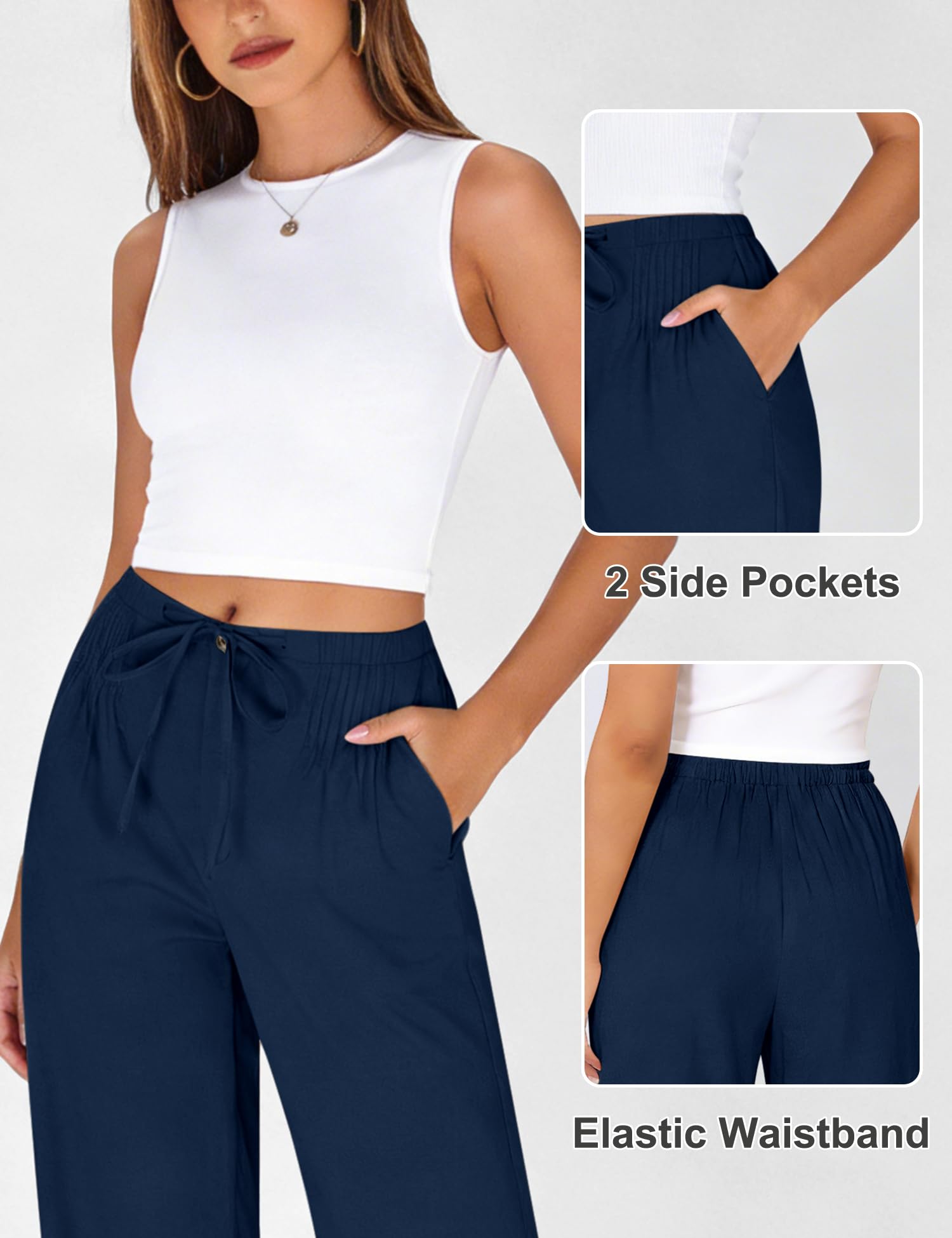 LOMON Womens Linen Pants Summer Wide Leg Cotton Pants Drawstring Elastic Waist Casual Loose Slacks Work Trousers with Pockets
