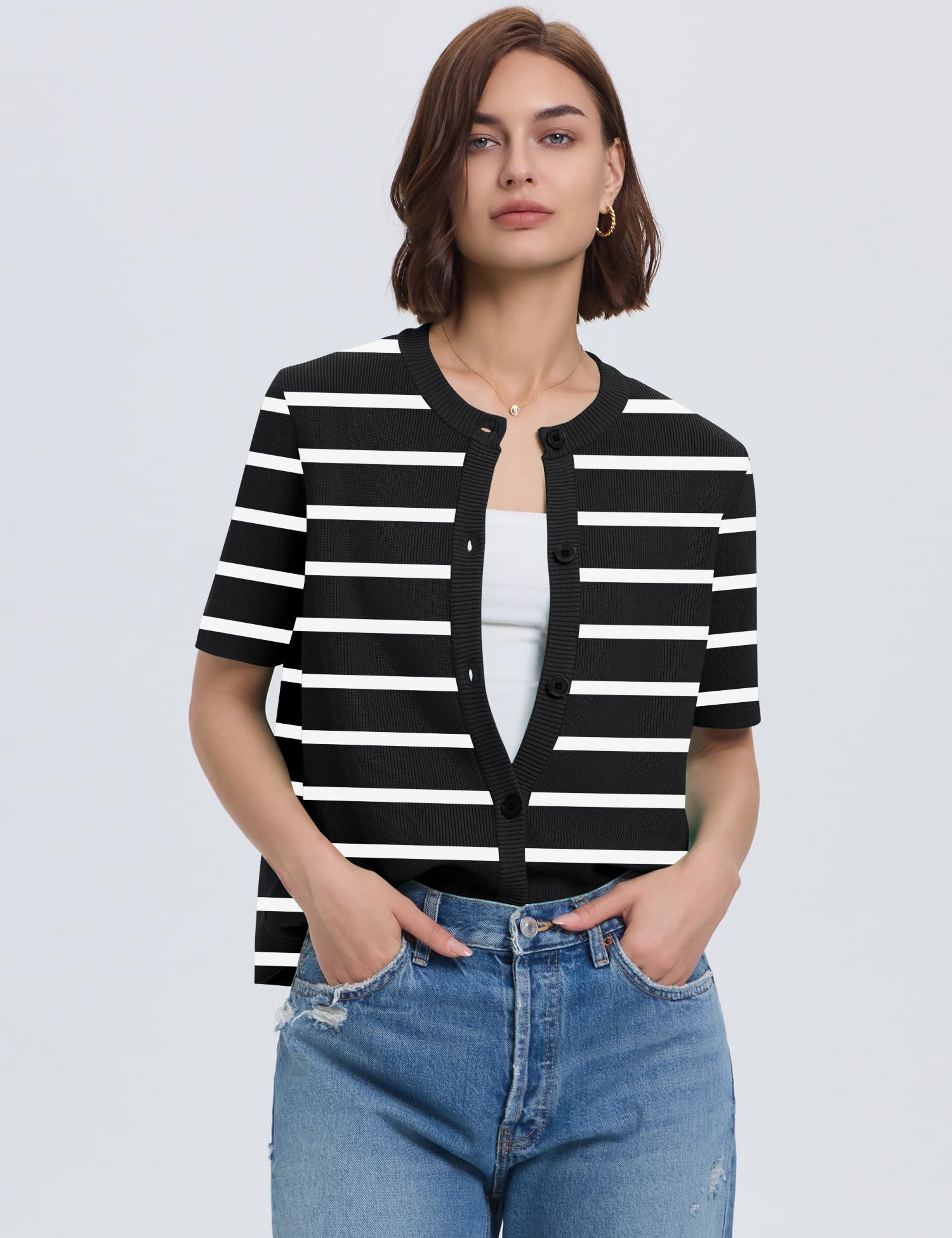 Lomon Womens Spring Summer Short Sleeve Cardigan Sweaters Trendy Crew Neck Button Down Lightweight Knit Outfit Y2k Clothes