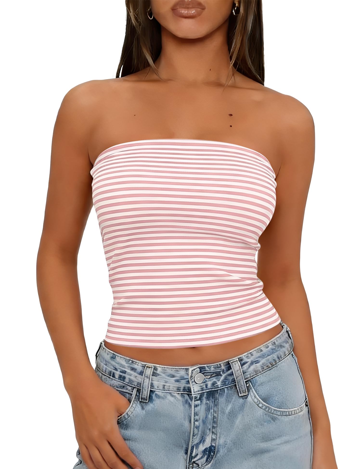 LOMON Summer Tube Tops for Women 2026 Y2k Sexy Going Out Crop Strapless Sleeveless Basic Fitted Bandeau Tank Top