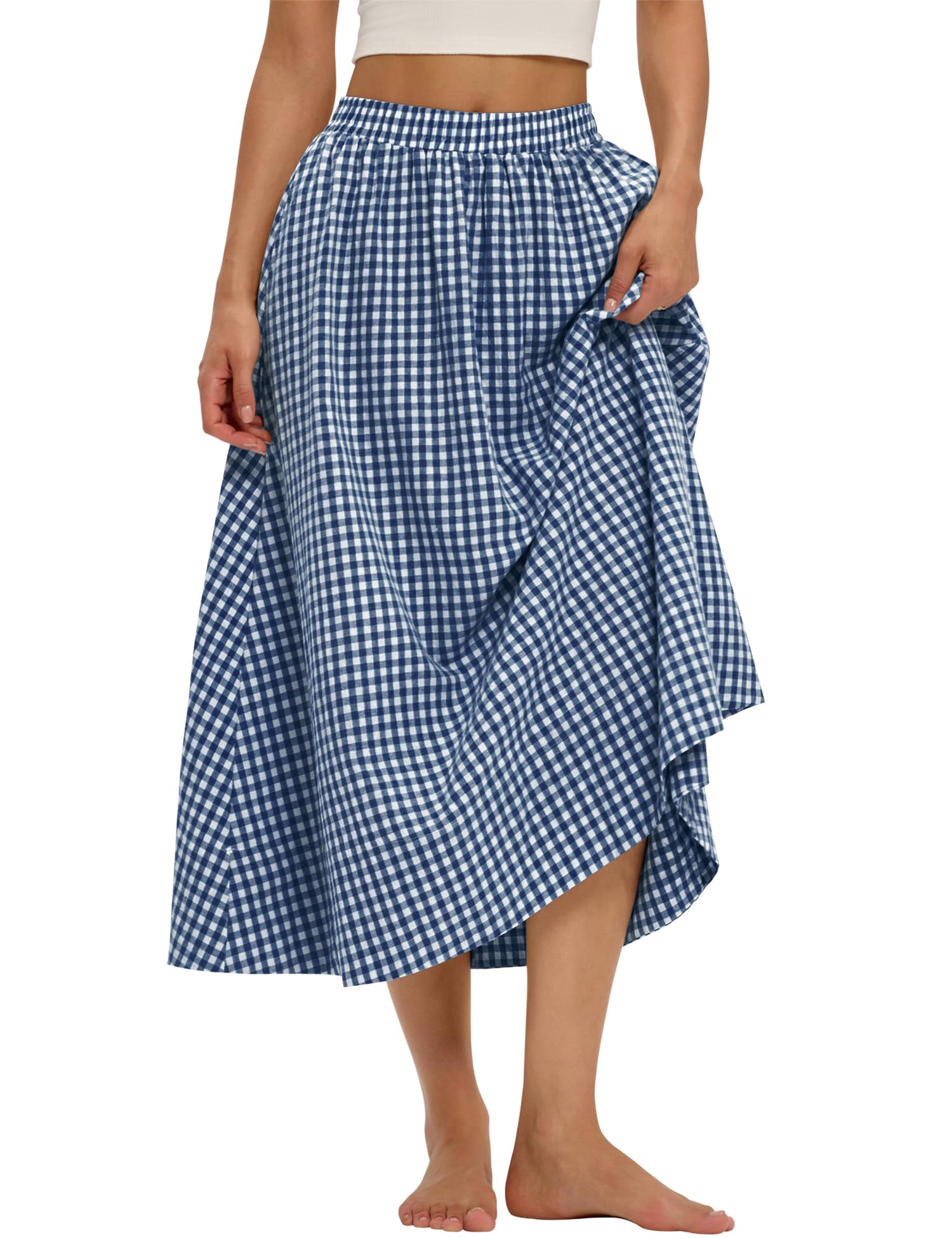 LOMON Midi Skirts for Women A-Line Cotton Flowy Maxi Skirt Boho Summer Beach Casual Elastic Waist Dress Outfit with Pockets